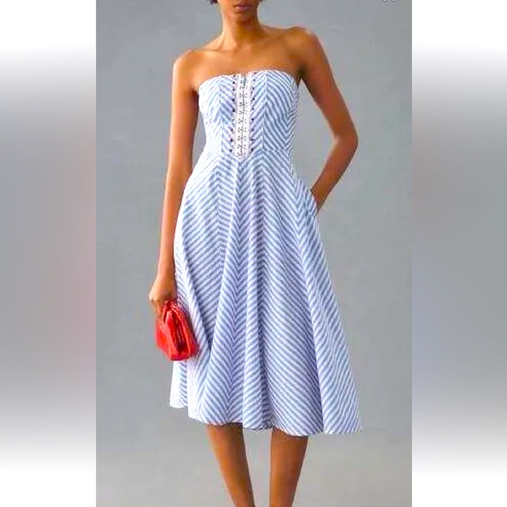 Anthropologie Blue and White Strapless Dress
